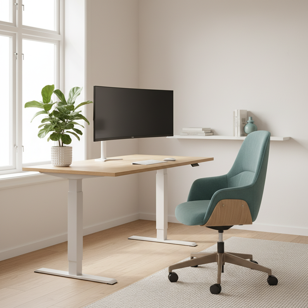 Et lyst og minimalistisk hjemmekontor med et hæve-sænke skrivebord, monitor, en plante, og en ergonomisk kontorstol.