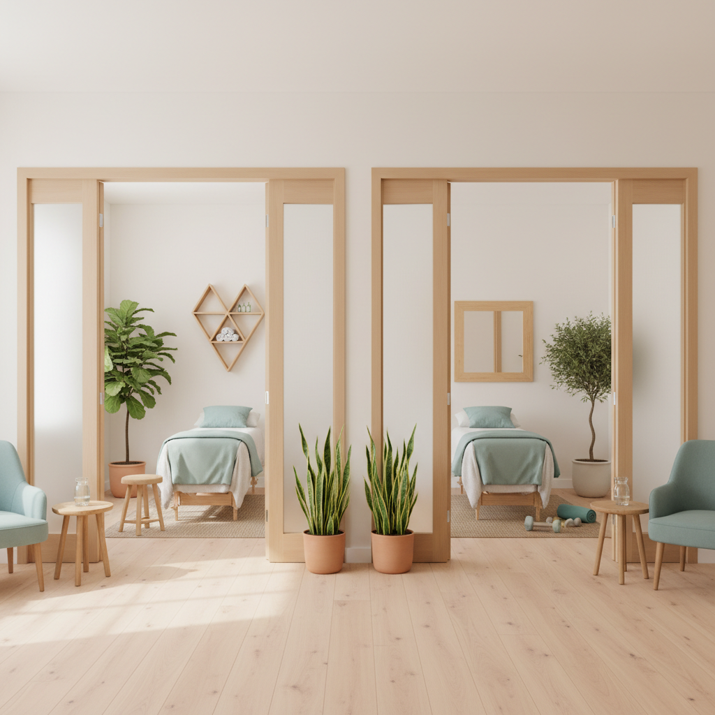 To lyse behandlingsrum i nordisk minimalistisk stil med senge, planter og trædetaljer.