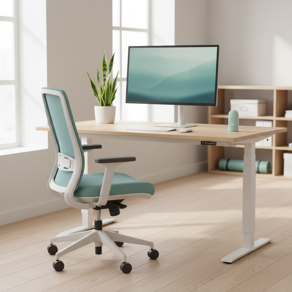 Et lyst, minimalistisk hjemmekontor med et lysebrunt hæve-sænke skrivebord og en ergonomisk lyseblå kontorstol.