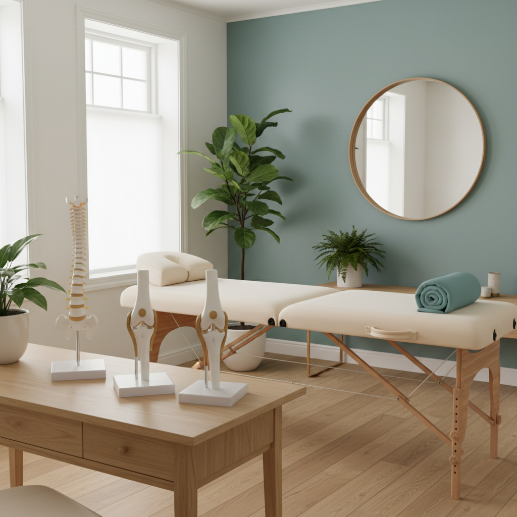 Et lyst og minimalistisk kiropraktorrum med to behandlingsborde, anatomiske modeller af rygsøjle og knæ, og planter.
