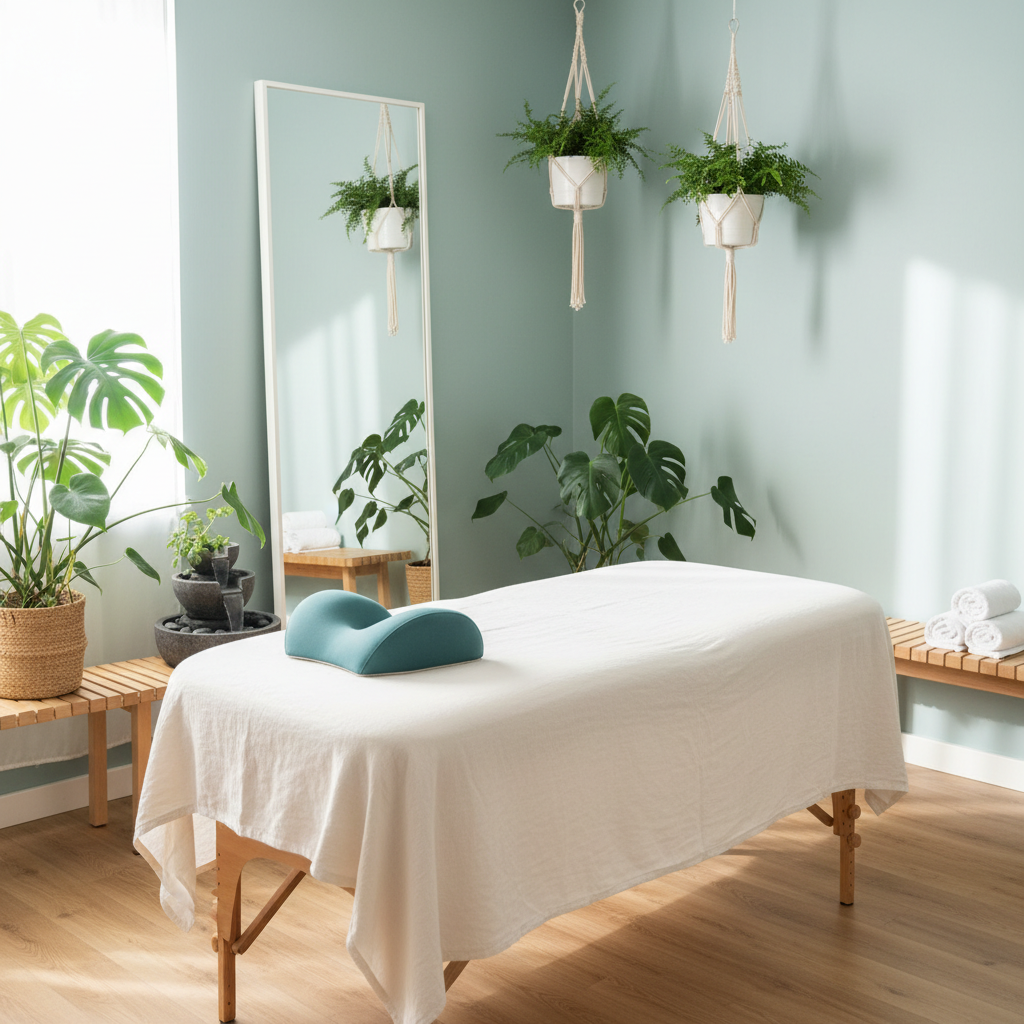 Et lyst, minimalistisk klinikrum med en behandlingsbriks, grønne planter, et spejl og hvide håndklæder.