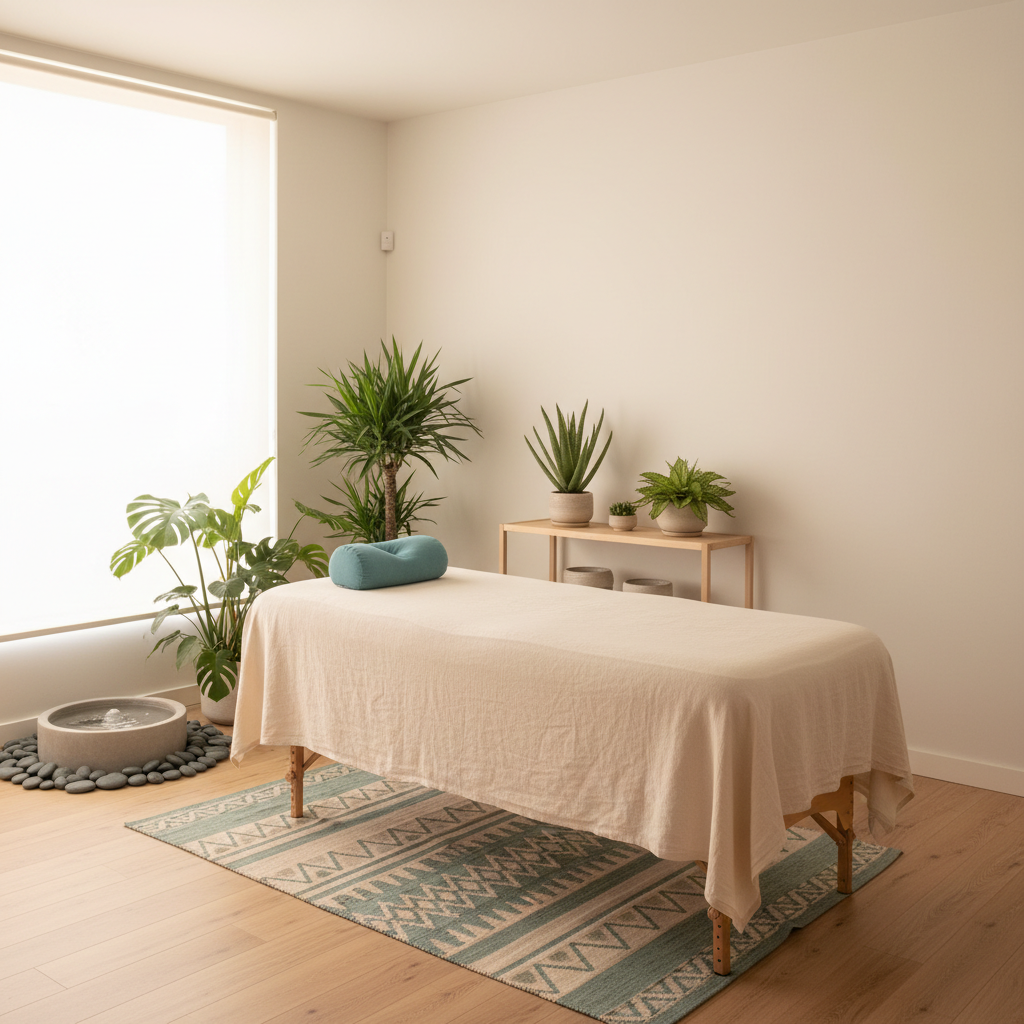 En rolig behandlerstue med en massagebriks, planter, et vandelement og et lyst, minimalistisk design.