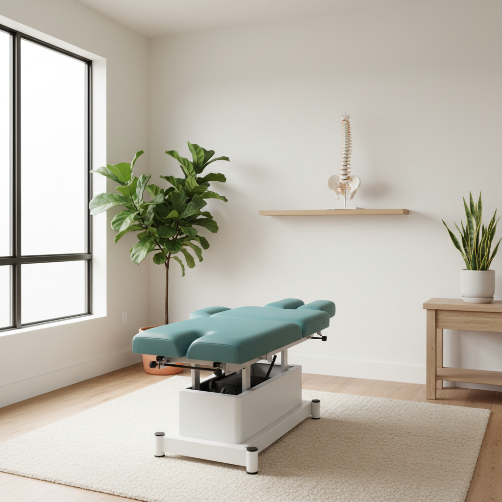 Et lyst, minimalistisk klinikrum med en justerbar behandlingsbriks i turkis, grønne planter og en rygsøjlemodel på en hylde.