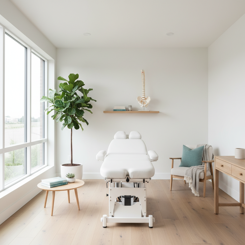 Et lyst og minimalistisk kiropraktikrum med en hvid behandlingsbriks, en stor plante, og et rygskelet på en hylde.