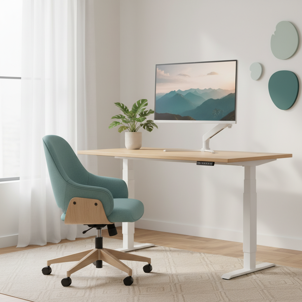 Et moderne, skandinavisk hjemmekontor med et lysebrunt hæve-sænke skrivebord, en blå ergonomisk kontorstol og en grøn plante.
