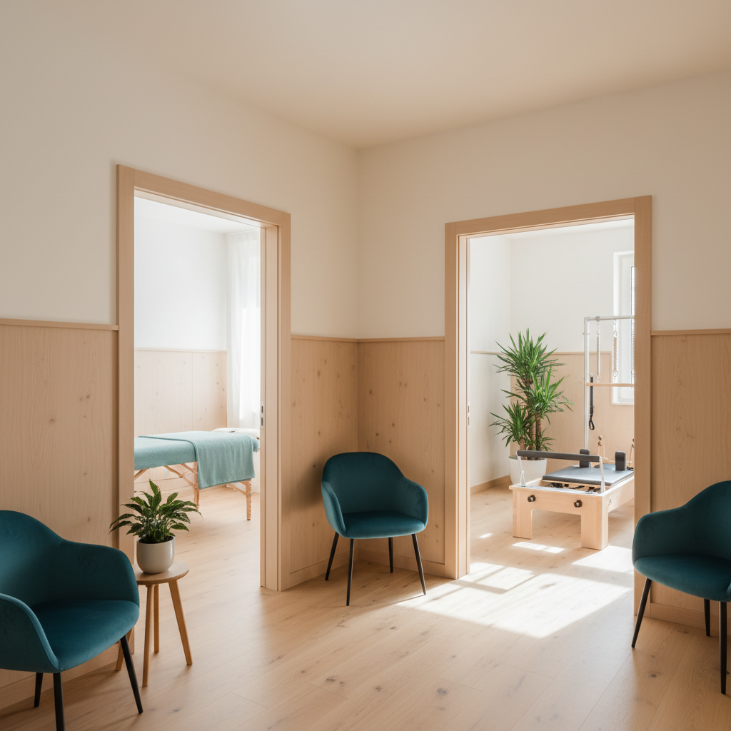 Et lyst, minimalistisk rum med træpaneler, to indgange, og blå stole. Det ene rum har en massagebriks, det andet en pilates-r