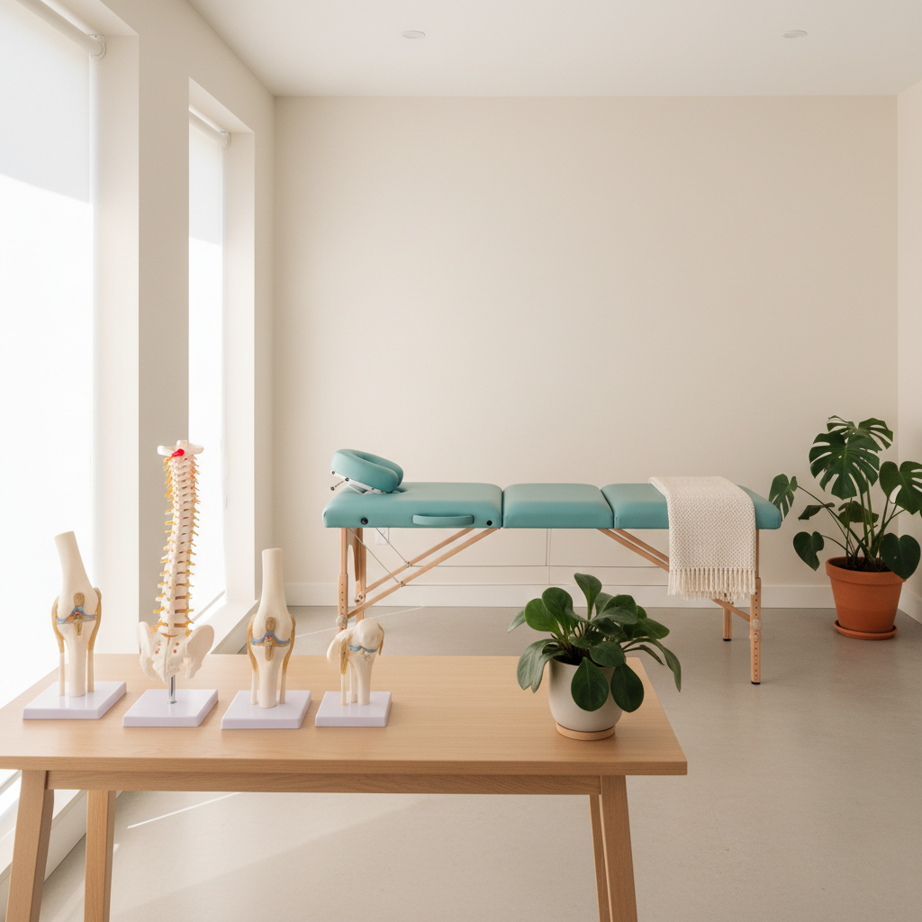 Et lyst og minimalistisk kiropraktorkontor med en behandlerbriks, planter og anatomiske modeller af rygsøjle og knæ.