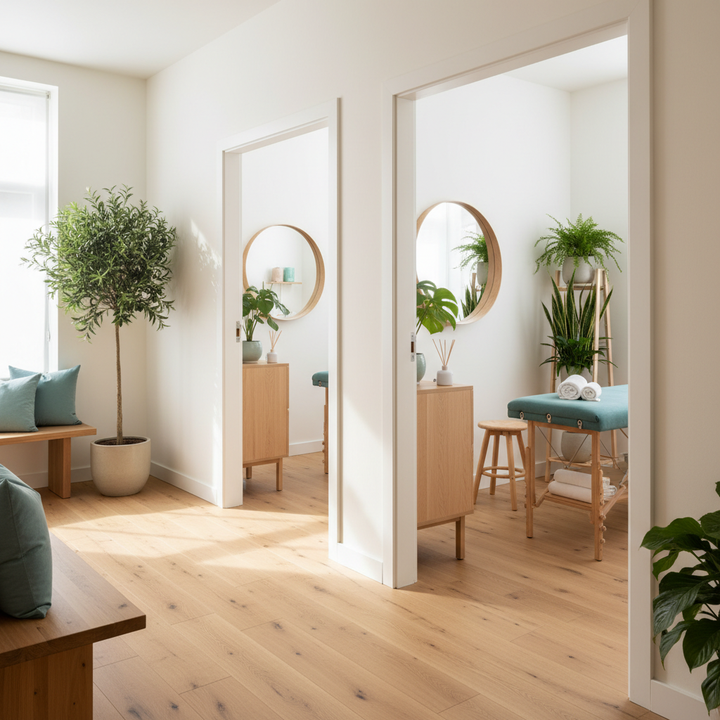 Et lyst, minimalistisk rum med trægulv, grønne planter og en massagebriks, der giver en følelse af ro og velvære.