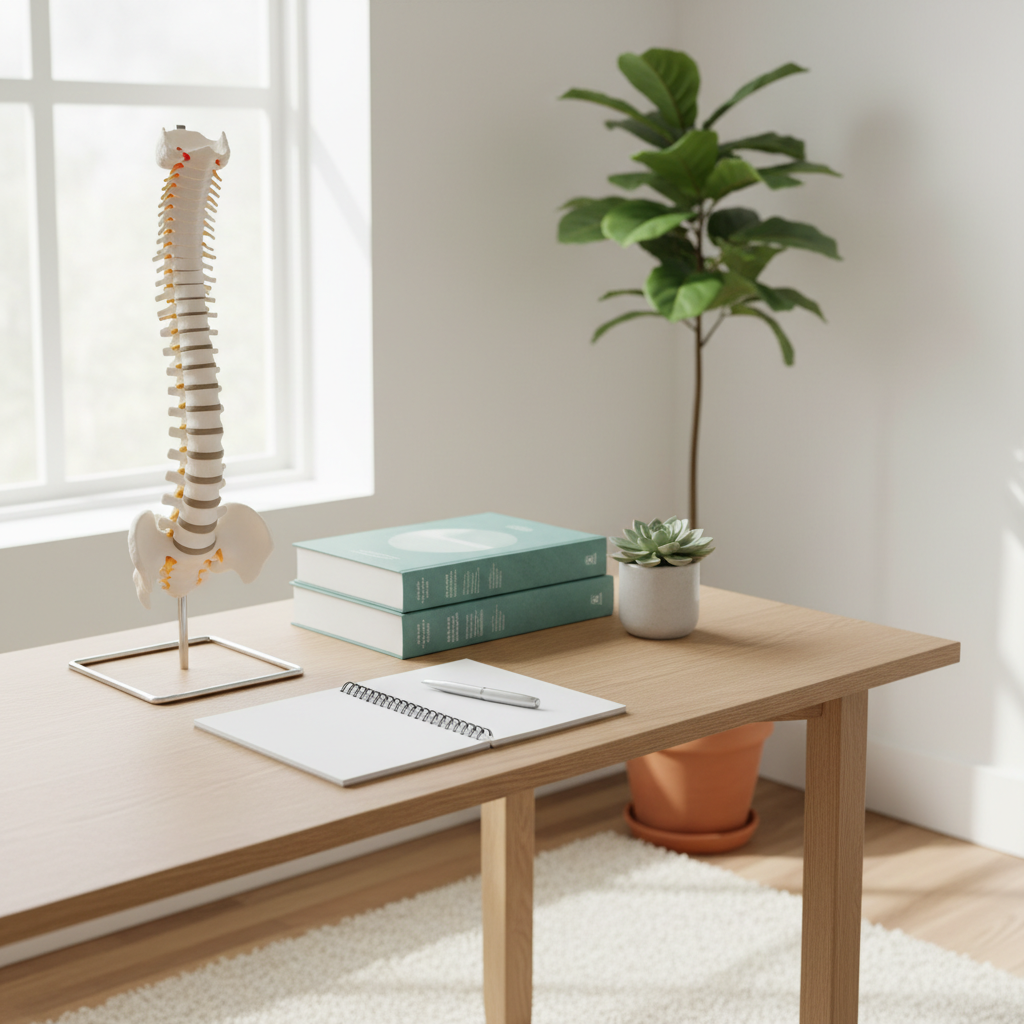 En anatomisk model af en rygsøjle står på et lyst træbord med bøger, en notesbog og grønne planter ved et vindue.