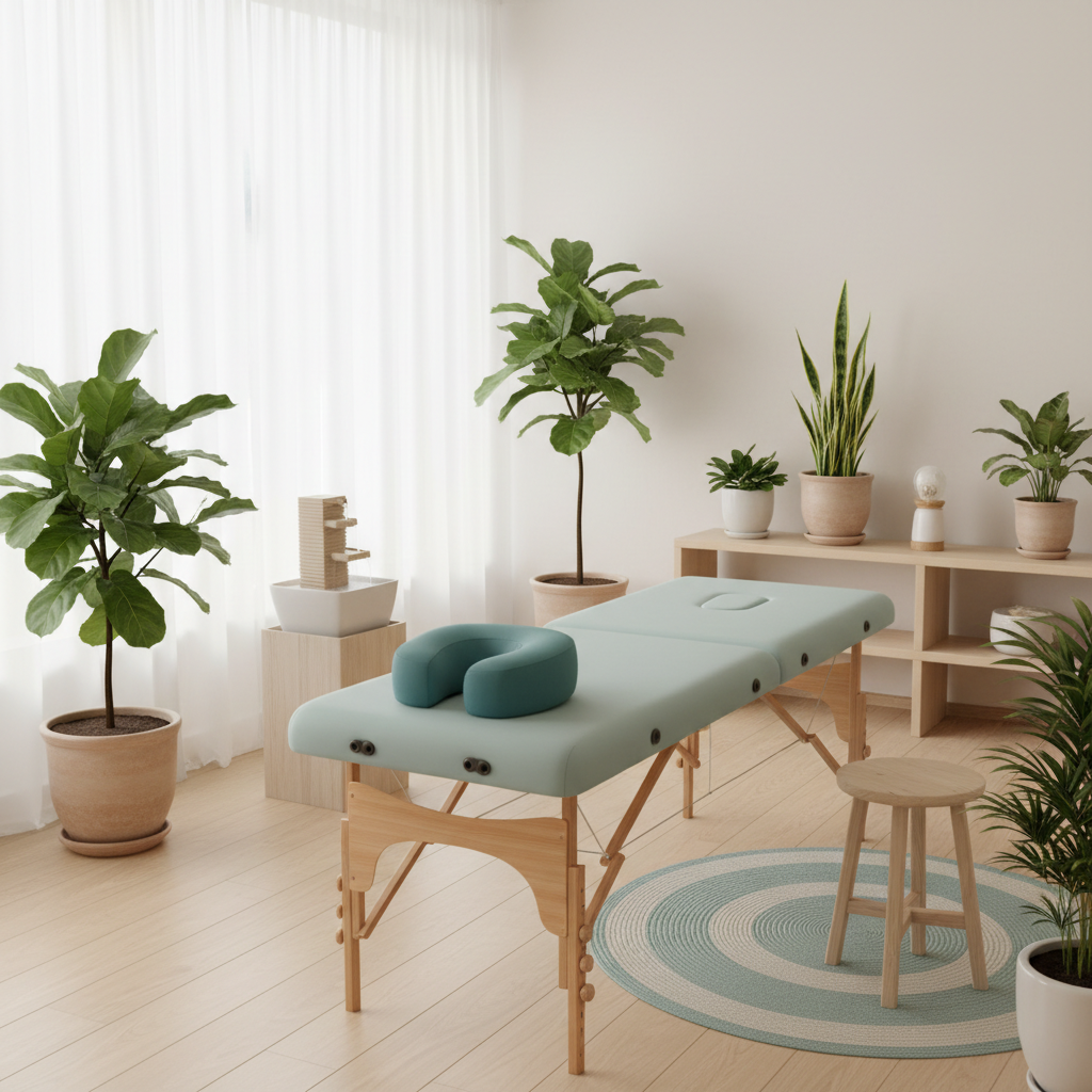 Et lyst og minimalistisk kiropraktorkontor med en lyseblå briks, planter og en vandfontæne.