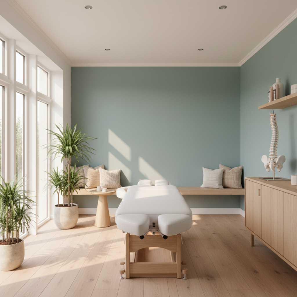 Et lyst, minimalistisk klinikrum med en behandlerbriks, en stor vinduesvæg, planter og en skeletmodel af en rygsøjle.
