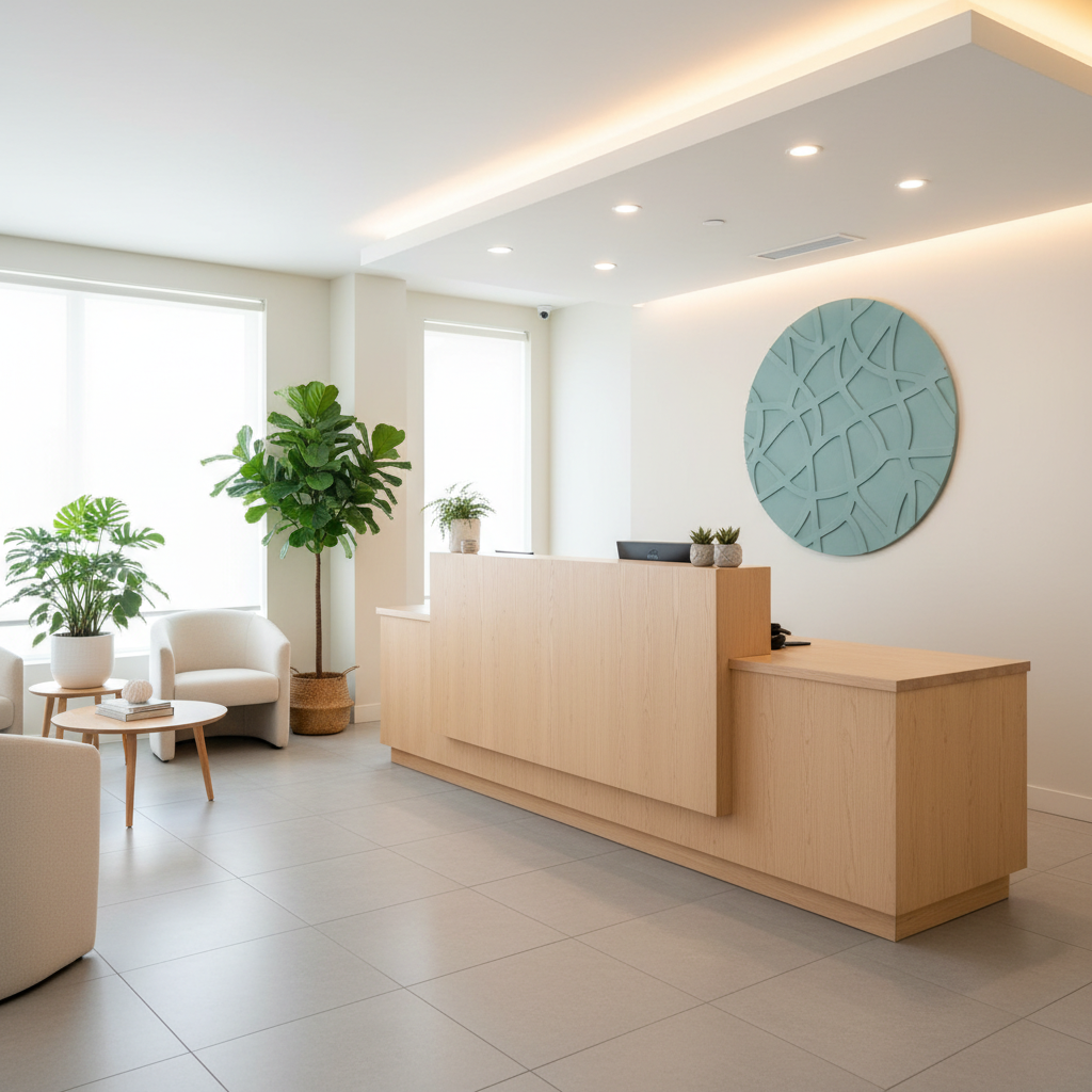 Moderne, minimalistisk receptionsområde med en træskranke, grønne planter og en lyseblå vægdekoration, der skaber en rolig at