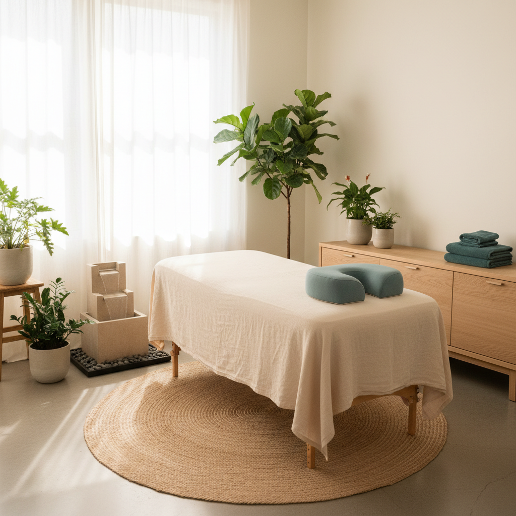 Et lyst og minimalistisk kiropraktisk konsultationsrum med en behandlerbriks, planter, et vandfald og håndklæder.