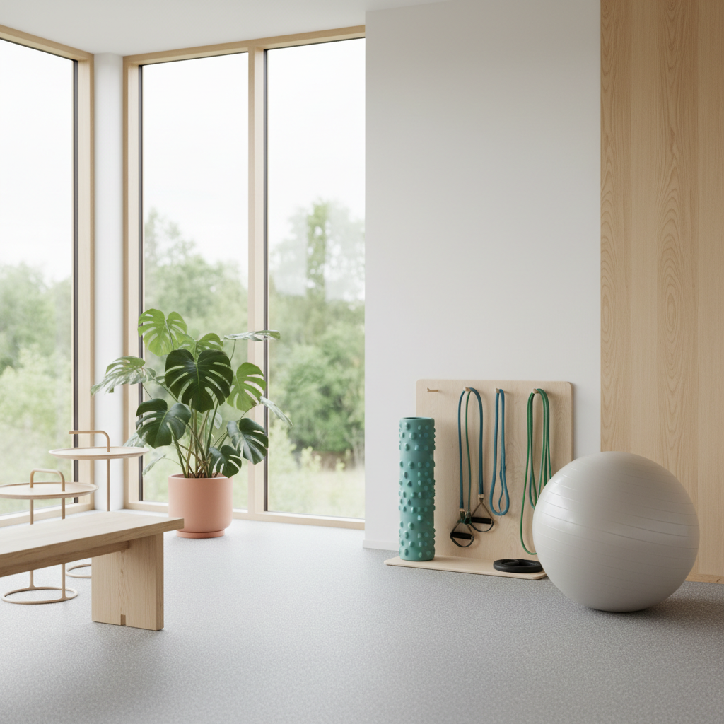 Et lyst rum med store vinduer, en Monstera-plante, træbænk og genoptræningsudstyr som yogamåtte, træningselastikker og bold.