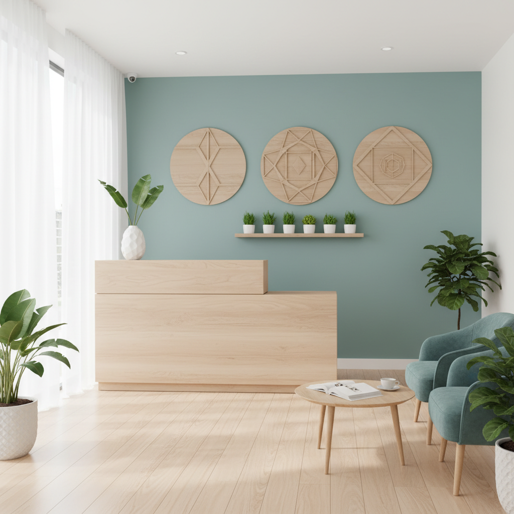 Moderne, minimalistisk venteværelse med trædisk, grønne planter og bløde blå stole.