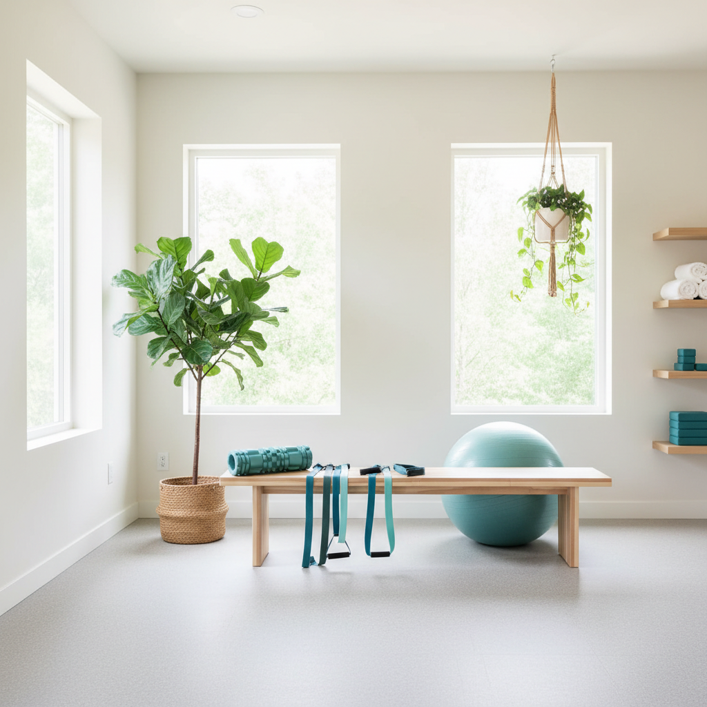 Et lyst minimalistisk rum med træningsudstyr, en stor grøn plante og to vinduer. En stor træningsbold, modstandsbånd og en fo