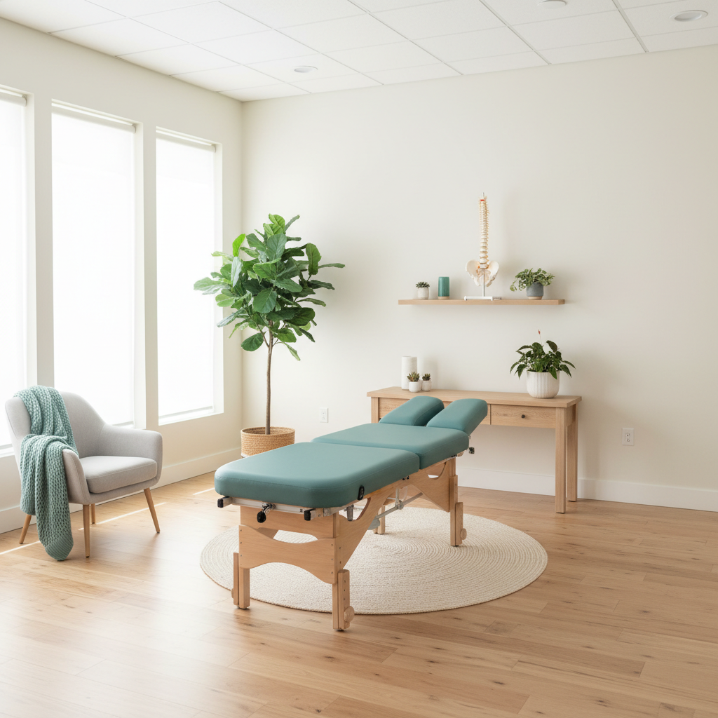 Et lyst og minimalistisk rum med en kiropraktorbrik, en grå lænestol, planter og en anatomisk model af en rygsøjle.
