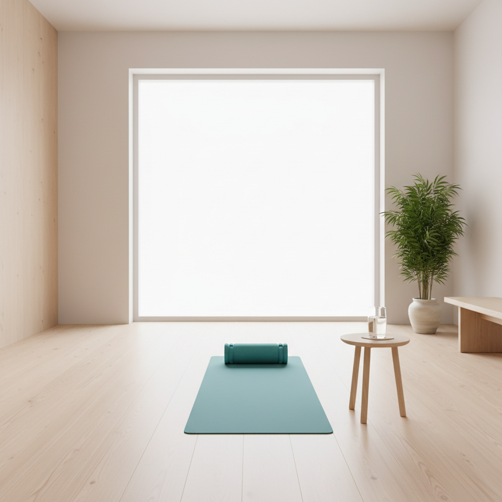 Et lyst, minimalistisk rum med trægulv, en yogamåtte, et lille bord med et glas vand og en grøn plante.